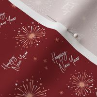 Happy 2024 - Happy New Year celebration modern typography freehand design with fireworks stars peach blush on burgundy red