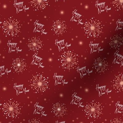 Happy 2024 - Happy New Year celebration modern typography freehand design with fireworks stars peach blush on burgundy red