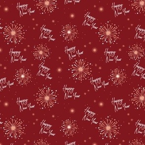 Happy 2024 - Happy New Year celebration modern typography freehand design with fireworks stars peach blush on burgundy red