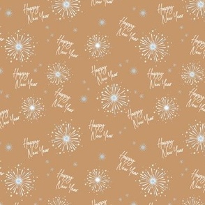 Happy 2024 - Happy New Year celebration modern typography freehand design with fireworks stars golden white caramel light blue