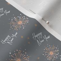 Happy 2024 - Happy New Year celebration modern typography freehand design with fireworks stars golden white soft gray neutral