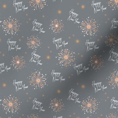 Happy 2024 - Happy New Year celebration modern typography freehand design with fireworks stars golden white soft gray neutral