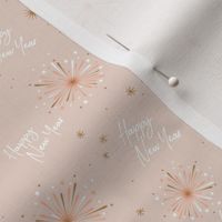 Happy 2024 - Happy New Year celebration modern typography freehand design with fireworks stars golden white soft beige sand