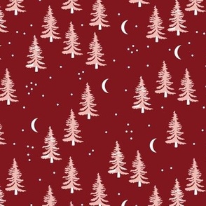 Christmas forest pine trees and snowflakes winter night new magic moon boho blush pink on burgundy red