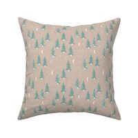 Christmas forest pine trees and snowflakes winter night new magic moon boho tan beige teal sea green