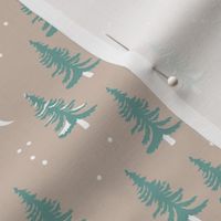 Christmas forest pine trees and snowflakes winter night new magic moon boho tan beige teal sea green