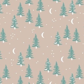 Christmas forest pine trees and snowflakes winter night new magic moon boho tan beige teal sea green