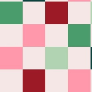 Basic minimalist retro checkerboard - Christmas seasonal gingham pattern block print vintage palette red pink mint on ivory LARGE