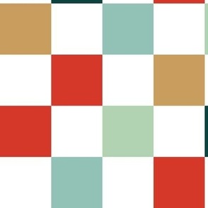 Basic minimalist retro checkerboard - Christmas seasonal gingham pattern block print red blue teal mint ochre boys palette LARGE