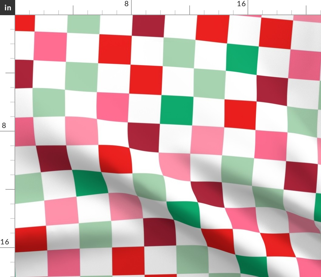 Basic minimalist retro checkerboard - Christmas seasonal gingham pattern block print red pink green mint on white LARGE