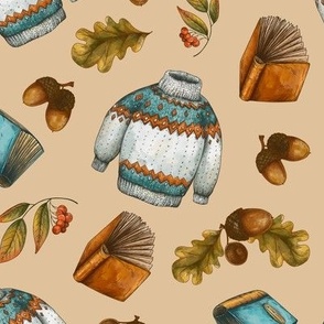 Cozy Autumn Wool Sweater, Old Books, Oak Leaves and Acorns