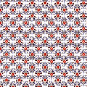 Extra Small | Vintage kitchen tiles inspired wallpaper | Folky floral red and blue purple stylised flowers an leaves | XS | Miniature