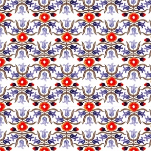 Small | Vintage kitchen tiles inspired wallpaper | Folky floral red and blue purple stylised flowers an leaves | S
