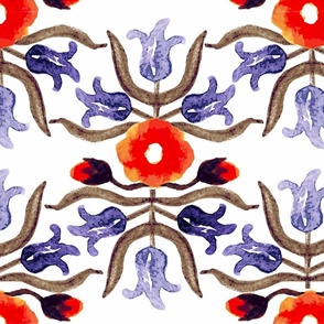 Big | Vintage kitchen tiles inspired wallpaper | Folky floral red and blue purple stylised flowers an leaves | L