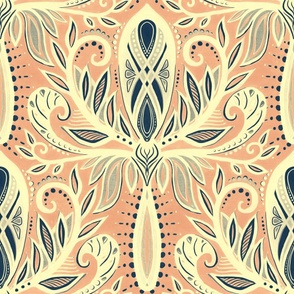 Lemon Cream, Retro Coral, Navy and Grey Boho Abstract Botanical Damask