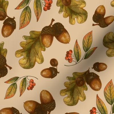 Vintage Fall Oak Leaves with Acorns in Neutral Colors