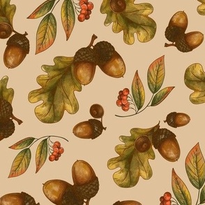 Vintage Fall Oak Leaves with Acorns in Neutral Colors