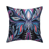Midnight Charcoal, Pink, Coral and Blue Boho Abstract Botanical Damask