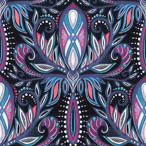 Midnight Charcoal, Pink, Coral and Blue Boho Abstract Botanical Damask