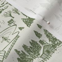 Fun in the Winter Toile - Small Scale - Dark Olive Green