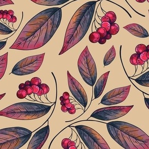 Vintage Autumn Leaves with Berries on Biege