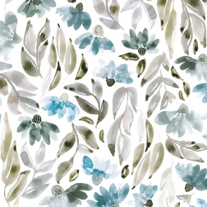 21" Watercolor floral in blue, gray and taupe brown