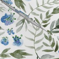 18" Watercolor floral in azure blue and sage green