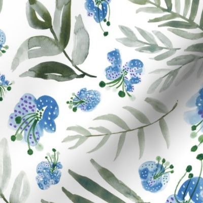 18" Watercolor floral in azure blue and sage green