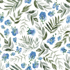 18" Watercolor floral in azure blue and sage green