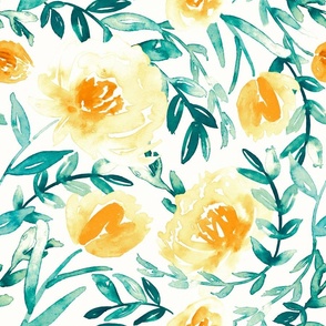 18" Watercolor floral in yellow and teal green