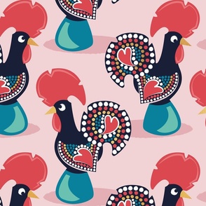Large scale // Portuguese rooster // cotton candy pink background iconic and popular Galo de Barcelos from Portugal teal pedestal golden details