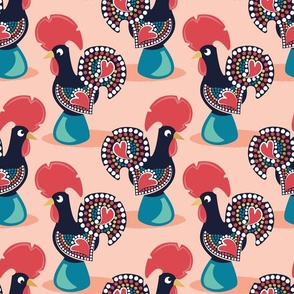 Normal scale // Portuguese rooster // rose background iconic and popular Galo de Barcelos from Portugal teal pedestal golden details