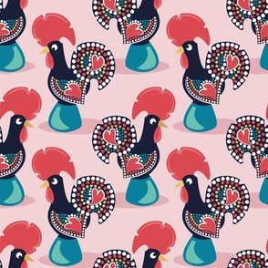 Normal scale // Portuguese rooster // cotton candy pink background iconic and popular Galo de Barcelos from Portugal teal pedestal golden details