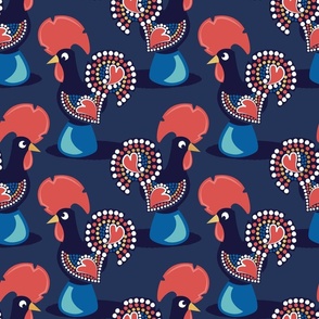 Normal scale // Portuguese rooster // navy blue background iconic and popular Galo de Barcelos from Portugal blue pedestal golden details