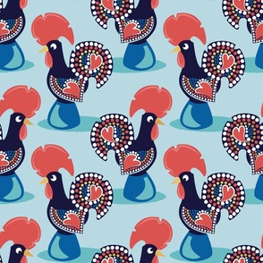 Normal scale // Portuguese rooster // blue background iconic and popular Galo de Barcelos from Portugal blue pedestal golden details