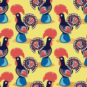 Normal scale // Portuguese rooster // buttercup yellow background iconic and popular Galo de Barcelos from Portugal blue pedestal golden details