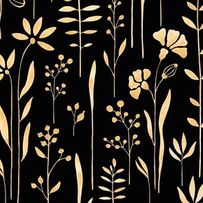 Golden Art Deco watercolor flowers on black large scale