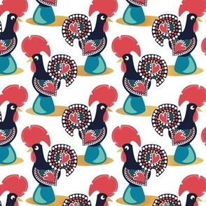 Small scale // Portuguese rooster // white background iconic and popular Galo de Barcelos from Portugal teal pedestal golden details