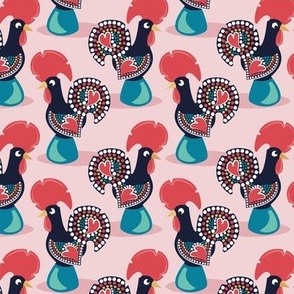Small scale // Portuguese rooster // cotton candy pink background iconic and popular Galo de Barcelos from Portugal teal pedestal golden details
