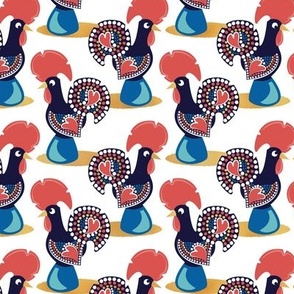 Small scale // Portuguese rooster // white background iconic and popular Galo de Barcelos from Portugal blue pedestal golden details