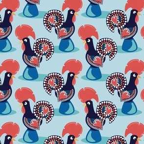 Small scale // Portuguese rooster // blue background iconic and popular Galo de Barcelos from Portugal blue pedestal golden details
