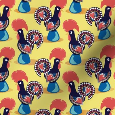 Small scale // Portuguese rooster // buttercup yellow background iconic and popular Galo de Barcelos from Portugal blue pedestal golden details