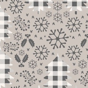 Farmhouse Plaid Neutral Christmas Trees and Snowflakes