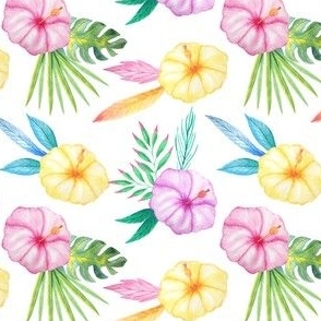 Tropical Summer Warm Floral Leaves Yellow Pink Blue Green 1