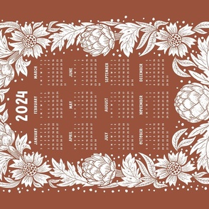 Calendar 2024 Victorian Artichoke and flowers Art nouveau rust red