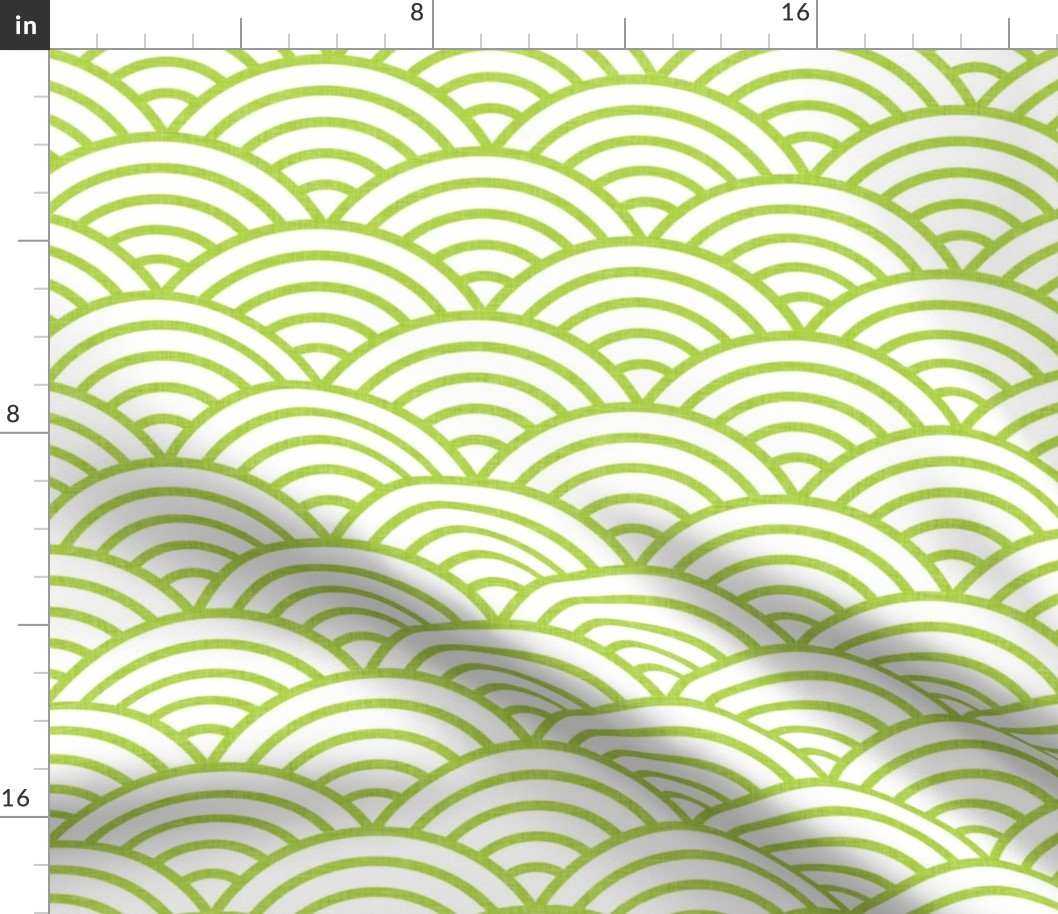 Japanese Rainbow Arches- Seigaiha- Petal Solids Coordinate Lime on White- Large- Linen Texture- Green Rainbows- Scallops- Arches- Sea Waves- Large