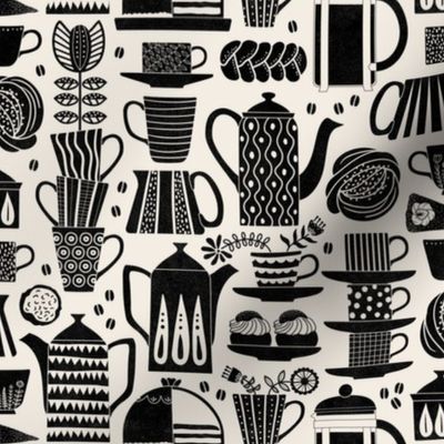 Fika - Swedish coffee and cakes with bold geometric ceramics in black and linen white, lino cut style with flowers and coffee beans - mid-small