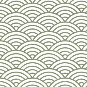 Japanese Rainbow Arches- Seigaiha- Petal Solids Coordinate Sage on White- Large- Linen Texture- Green Rainbows- Scallops- Arches- Sea Waves- Small