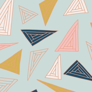 Large colorful triangles with orange outlines on baby blue 24