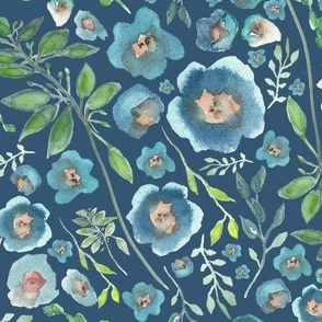 Clusters Of Tossed Flowers And Leaves In Blue Teal And Green On Dark Blue Medium Scale